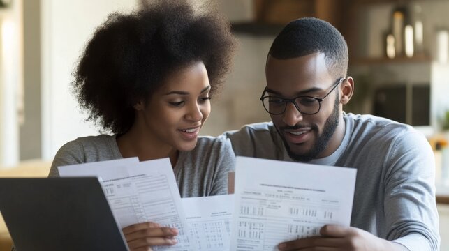 Couple Reviewing Budget Documents Together in Cozy Home Setting