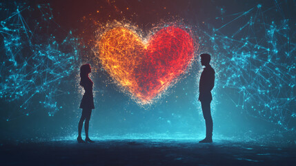 Digital heart glowing as couple silhouettes symbolize online dating and valentine's day