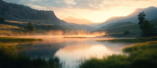 Fototapeta premium A misty lake in the mountains at sunrise. The calm water reflects the sky and the hills behind it.