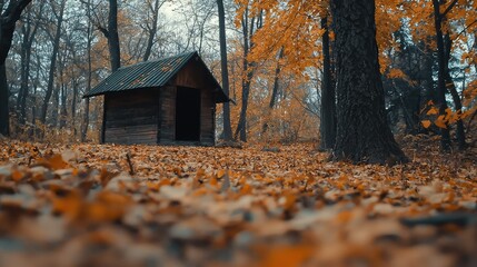 Serene Small Shelter Nestled in a Cozy Forest Embraced by Vibrant Autumn Foliage, Offering a Tranquil Refuge Among the Falling Leaves and Golden Hues
