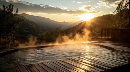 Mountaintop Hot Spring Relaxation Sunset Spa Serenity, Golden Hour