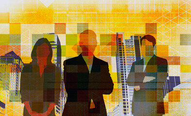 Corporate business people and city skyline