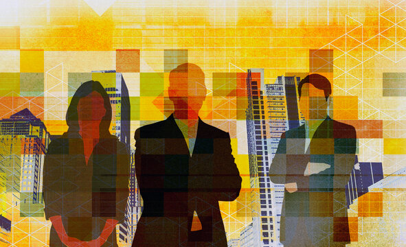 Corporate business people and city skyline