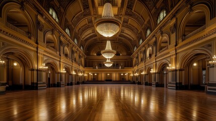 Grand Ballroom Interior Elegant Arches, Crystal Chandeliers, Polished Wood Floor