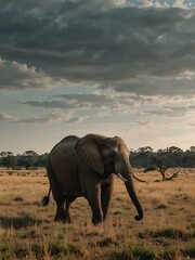 Naklejka premium Elephant standing alone in an empty field.