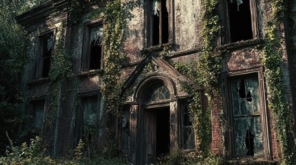 Fototapeta premium Eerie Abandoned Mansion Overgrown with Ivy and Broken Windows, Capturing a Sense of Mystery and the Haunting Beauty of Decaying Architecture in a Forgotten Place
