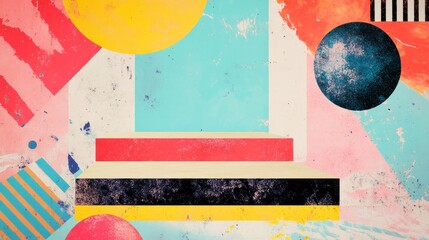 A podium set against a vibrant hipster abstract background of sharp geometric lines and pastel blobs