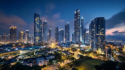 Fototapeta premium Night Cityscape Modern Skyscrapers Urban Landscape Twilight Skyline