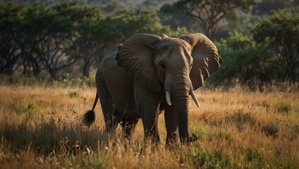 Obraz premium Elephant walking through tall grass.