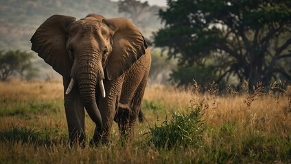 Obraz premium Elephant walking through tall grass.