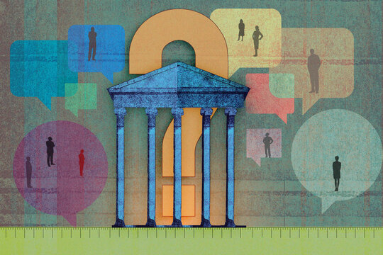 Question mark, bank portico, speech bubbles, ruler, and business people