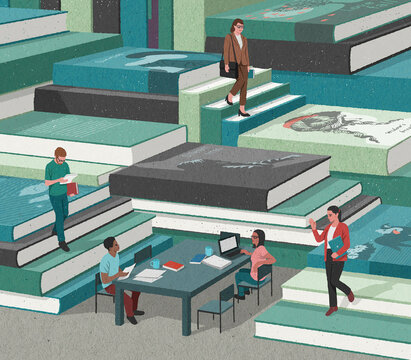 People working in office surrounded by books