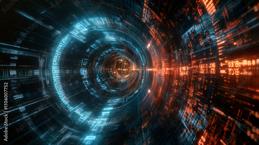 Wall mural data stream flowing inside rotating digital tunnel with blue and orange program code