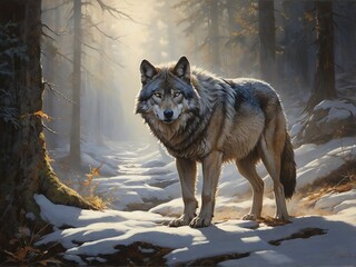 Majestic wolf standing in a snowy forest during early morning light