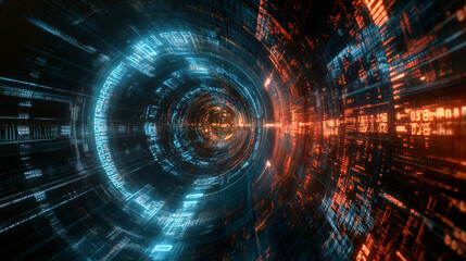 Obraz premium Data stream flowing inside rotating digital tunnel with blue and orange program code