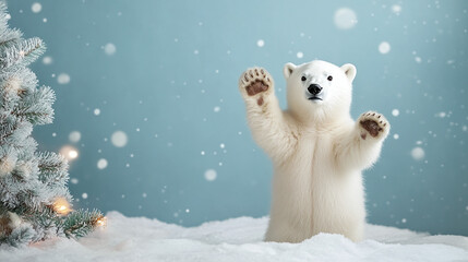 Fototapeta premium Adorable white polar bear waving, cute and funny happy animal in winter snow, copy space background, perfect for a arctic holiday greeting card.