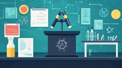 A podium set in a science conference, with lab equipment and research posters behind it 