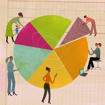 Women examining investment pie chart
