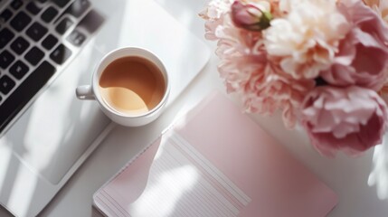 Laptop, Coffee, Notebook, Pink Peonies, Workspace, Aesthetic, Sunlight, Minimalist, Feminine, Desk
