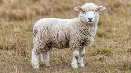 Fototapeta premium A fluffy sheep standing in a grassy field, showcasing its woolly coat and curious expression.