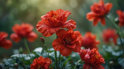 Vibrant red hibiscus flowers blooming in a lush garden during golden hour