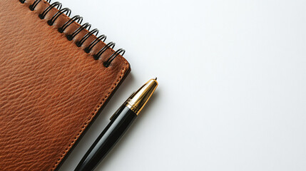 Black pen and brown leather notebook isolated on white background. business notepad diary page, spiral office document object, planner, text, message, write.