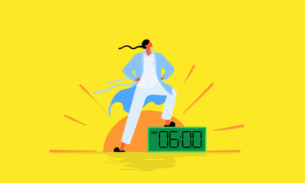 Energetic woman getting up at 6.00 am