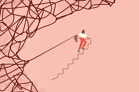 Woman unravelling tangled line and forming staircase to climb