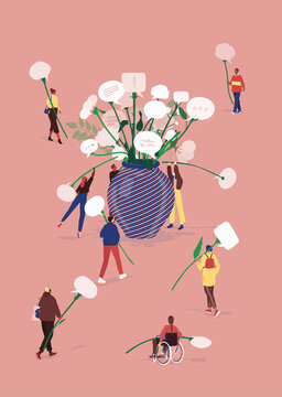 People putting speech bubble flowers in vase