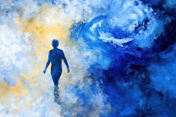 A silhouette walks through a swirling blend of blue and yellow, symbolizing introspection.