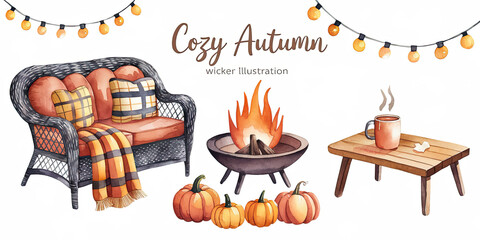 Watercolor Illustration of a Cozy Autumn Patio with Fall Decorations