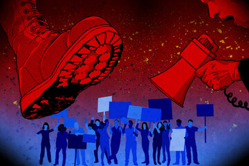 Military boot stepping on protesters demonstrating