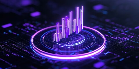 A futuristic, digital representation of data visualizations with vibrant purple bars set against a dark, tech-inspired background.