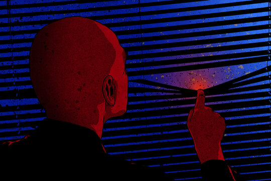 Man peeping through venetian blind