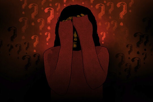 Woman in despair with hands over face surrounded by question marks