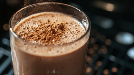 Closeup of banana smoothie with protein powder in a glass. blended vegetarian shake drink, vegan whey after workout or training in the gym, bodybuilding supplement.