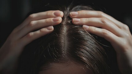 Fototapeta premium A close-up of hands parting hair to reveal thinning areas on the scalp, focusing on hair health issues