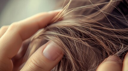 A close-up of hands parting hair to reveal thinning areas on the scalp, focusing on hair health issues