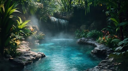 Naklejka premium Serene Tropical Waterfall Pool Lush Jungle Oasis, Tranquil Escape