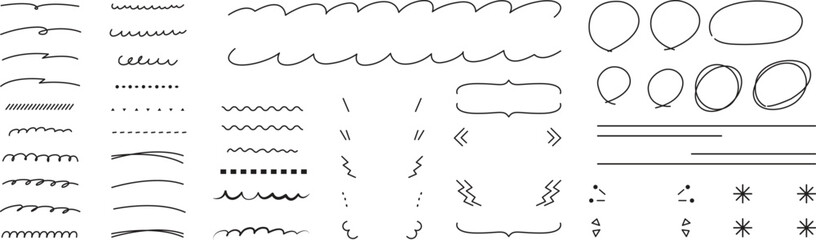 Black pen hand drawn collection of lines, x marks, underline strokes, doodles and arrows.