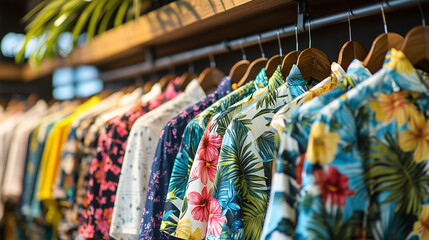 Male or man apparel boutique wardrobe tropical summer shirts clothes collection, customer purchase fashion wear, retail market store shop, closet row or rack.