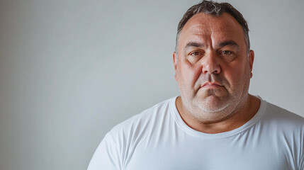Obraz premium Portrait of fat, overweight middle-aged man wearing white t-shirt, looking at the camera, isolated on white background. diabetes disease and obesity, depressed person.