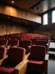 Empty auditorium with red seats and wooden walls.