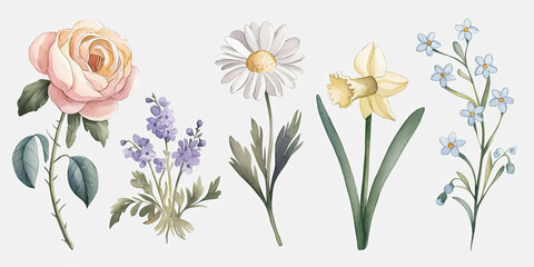 Watercolor depiction of a floral bouquet in a glass vase, combining fresh flowers and a soft pastel background.