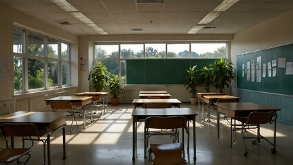 Fototapeta premium Empty classroom with natural light and plants.