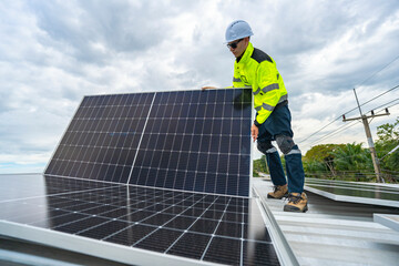 A skilled technician adjusts a solar panel on rooftop, emphasizing the transition to sustainable...