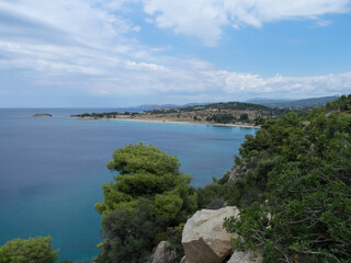 Greek shore at Sithonia, Greece. Sithonia, also known as Longos, is a peninsula located south of the central part of Chalkidiki