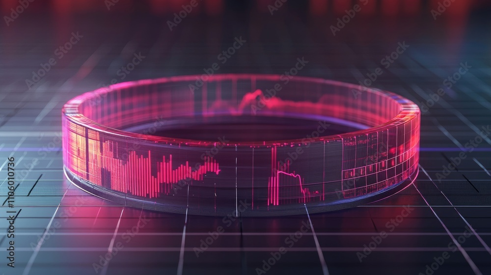Poster a futuristic 3d circular graph with translucent segments, hovering in a digital grid environment, sh