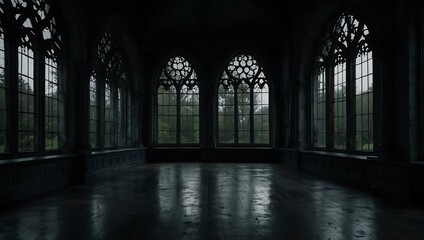 Fototapeta premium Empty gothic-style dark room with large windows.