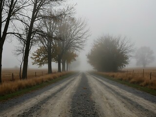 Fototapeta premium Empty gravel road through foggy fields, symbolizing solitude.
